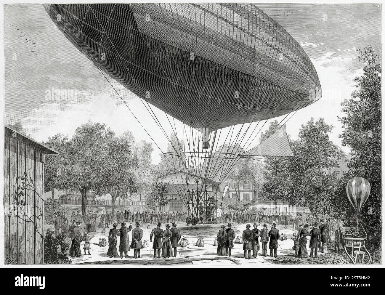 Dirigibile alimentato da un motore elettrico sviluppato da Albert Tissandier (1839-1906) e suo fratello Gaston Tissandier (1843-1899) in partenza da Auteuil, Parigi, Francia, per il primo volo elettrico l'8 ottobre 1883, incisione da EA Tilly dopo Poyet, 1883 Foto Stock