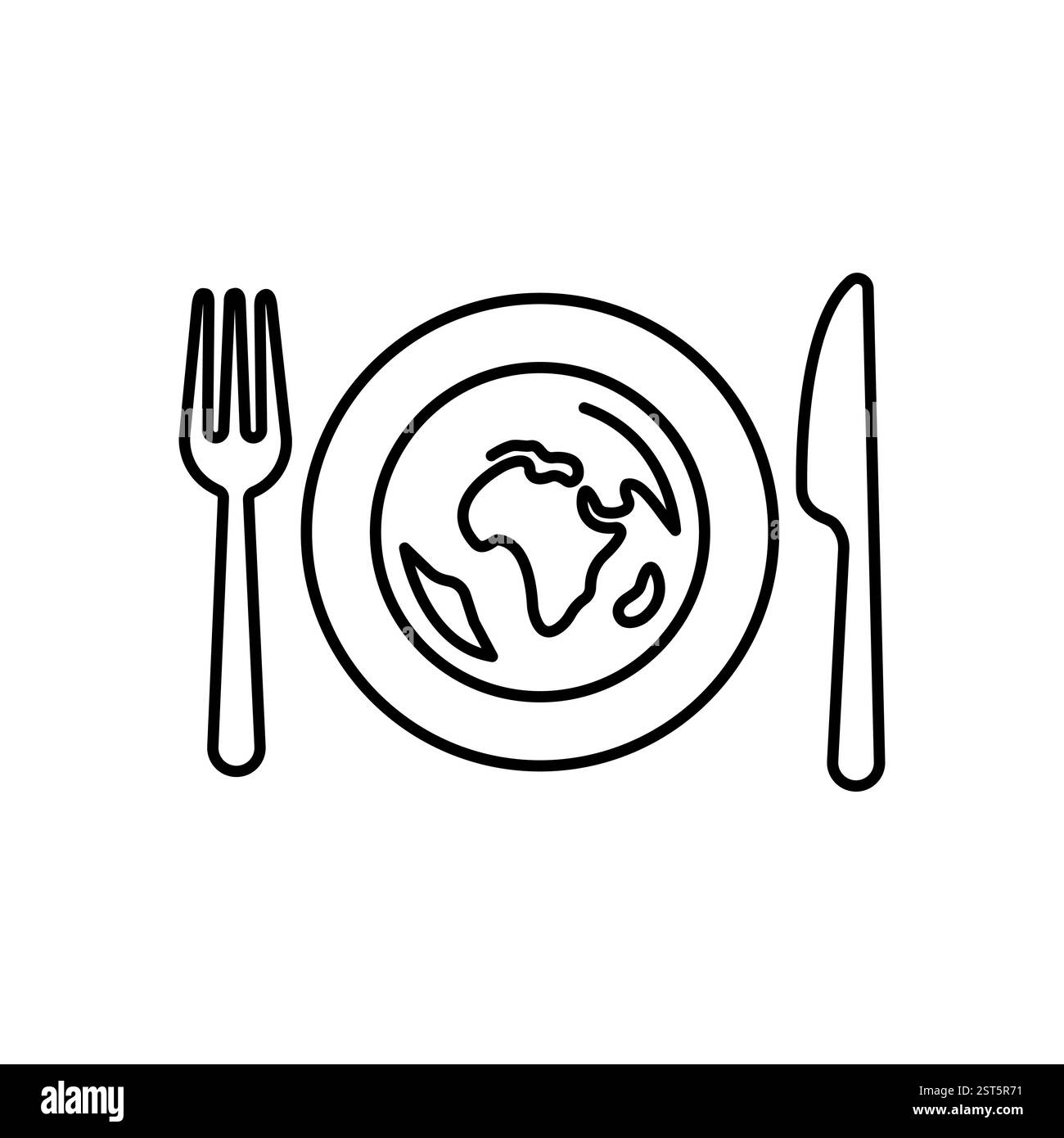 Icona di Globe, coltello e forchetta. Giornata mondiale del cibo isolata su sfondo bianco. Illustrazione vettoriale. Illustrazione Vettoriale