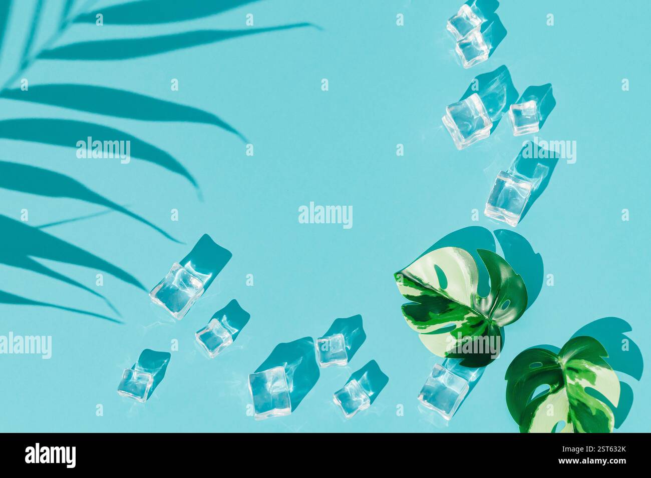 Scena estiva con cubetti di ghiaccio, ombra di foglie di palma e foglie di monstera tropicale su sfondo blu. Sole e ombre. Foto Stock