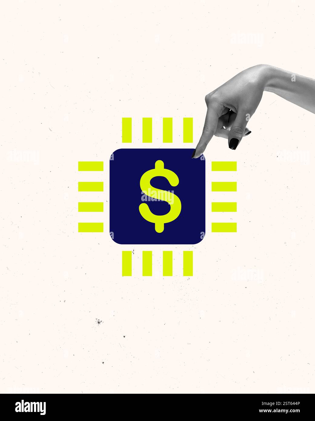 Mano che punta al microchip con simbolo finanziario. Infrastruttura bancaria digitale, sicurezza fintech, tecnologia blockchain e finanza avanzata Foto Stock