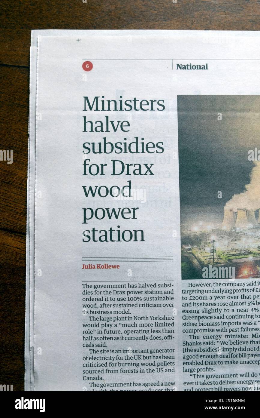 "I Miinisters hanno sussidi per la centrale elettrica in legno Drax" il quotidiano Guardian titola energia articolo 11 febbraio 2025 Londra Inghilterra Regno Unito Gran Bretagna Foto Stock