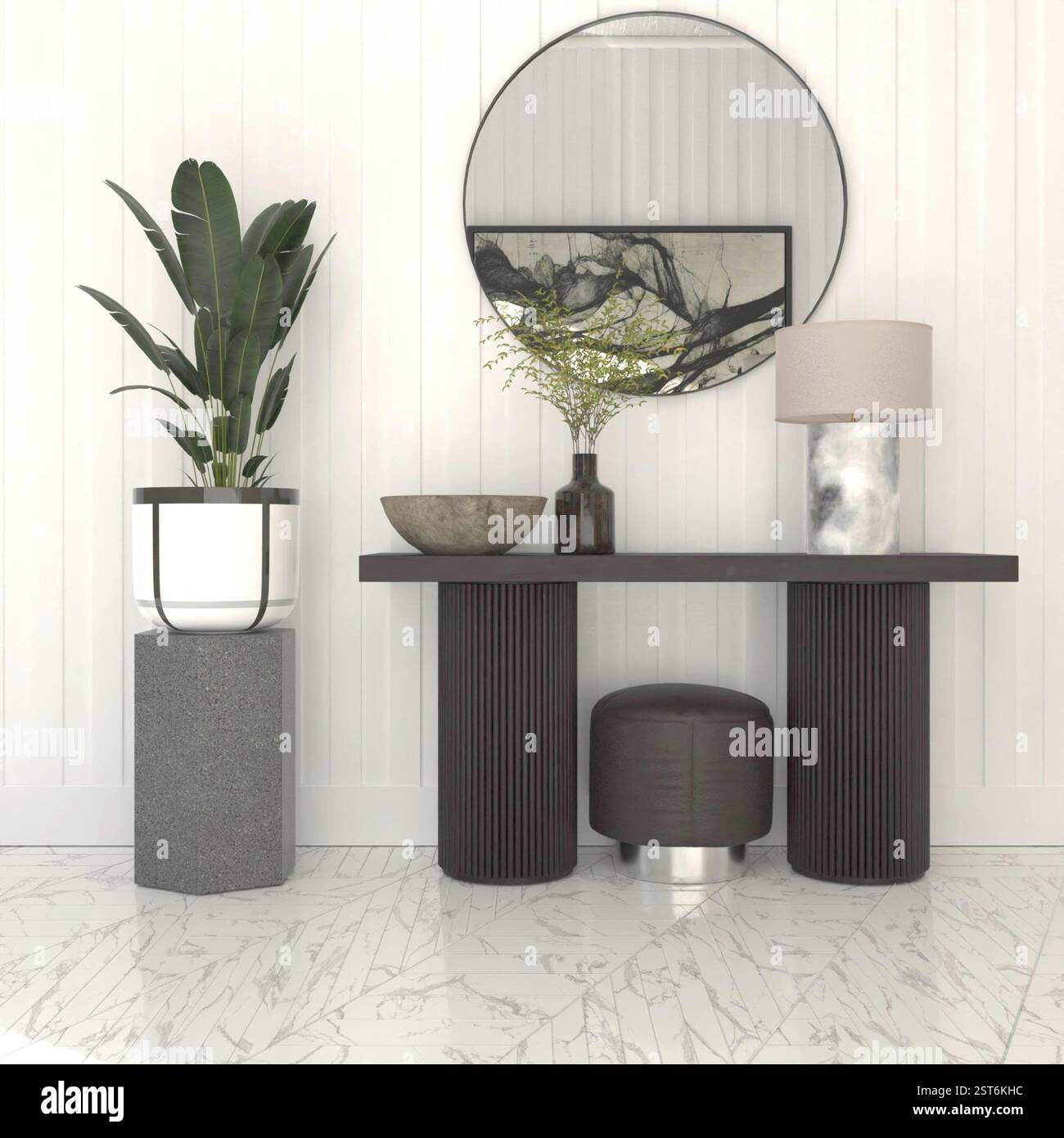 Ingresso moderno con tavolo consolle, specchio, piante e pavimento in marmo, tacchino. 3D. Foto Stock