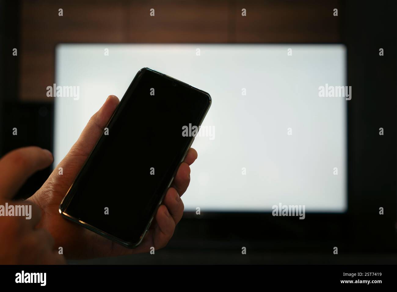 Uomo rilassato con smartphone collegato a un televisore. Schermata vuota. Il modulo per le informazioni. Schermo TV senza informazioni e contenuti. Usare una Smart Foto Stock