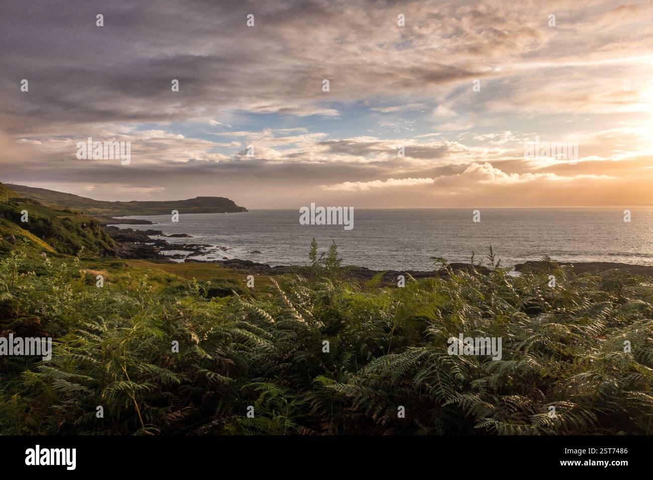 Tramonto, guardando da Calgary verso Treshnish, Ebridi interne, Isola di Mull, Scozia, Regno Unito Foto Stock