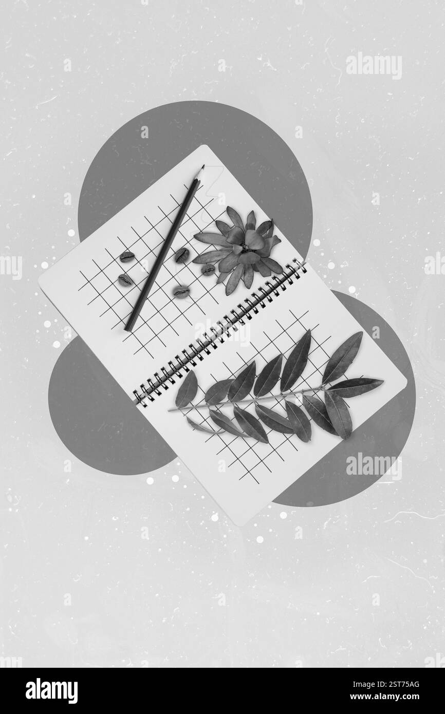 Disegno creativo collage immagine del notepad girlish taccuino primavera fiori pianta erbario matita da studente sognante femminile atmosfera gentile Foto Stock