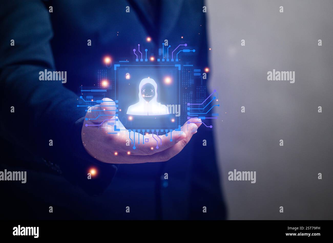 man hold la soluzione di sicurezza protegge i dati personali. Protezione della sicurezza delle transazioni online.privacy sicurezza hacker. connessione di rete e cib Foto Stock