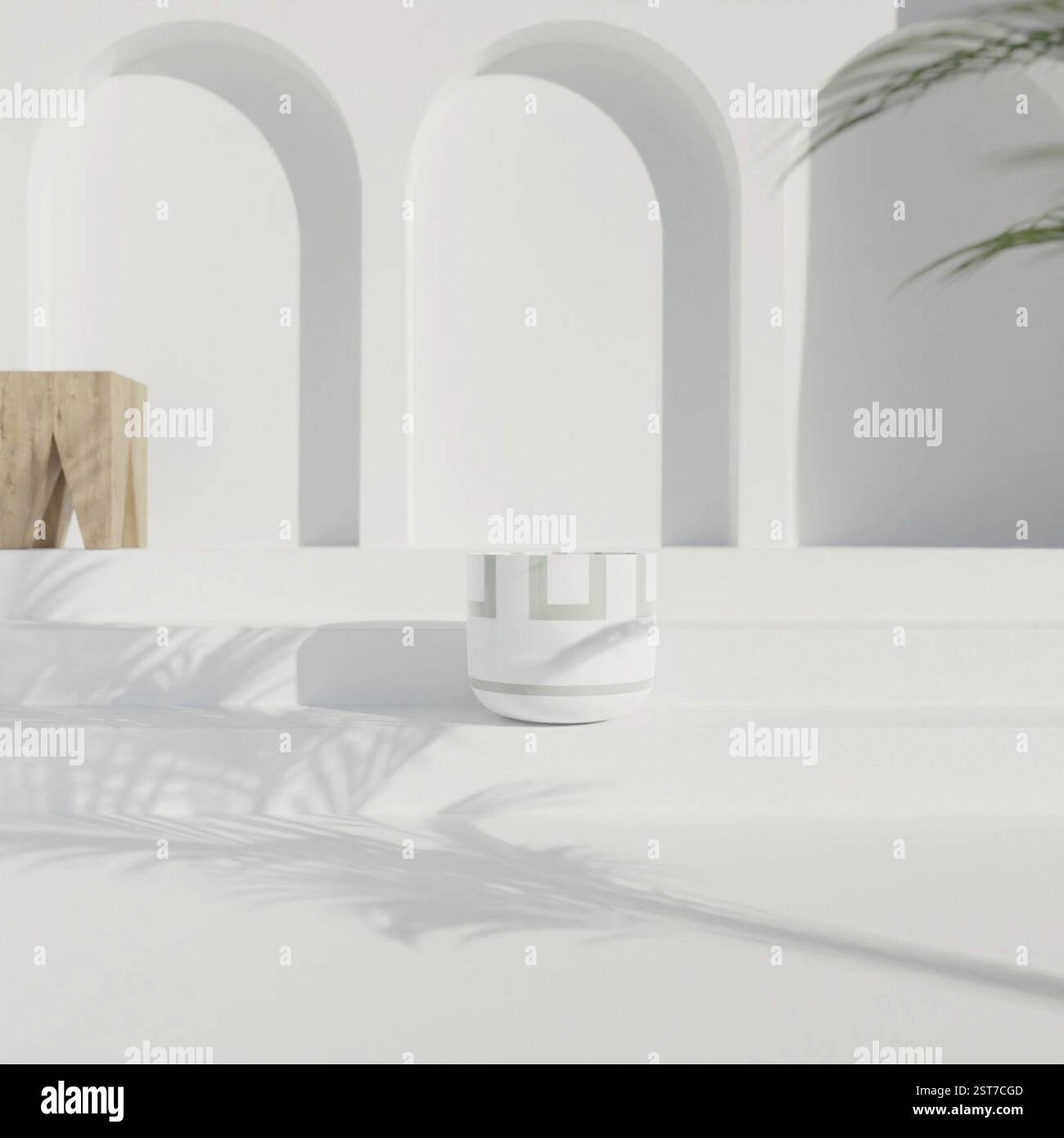 Interni moderni bianchi con piantatrice e archi minimalisti che creano ombre morbide, tacchino.3D. Foto Stock