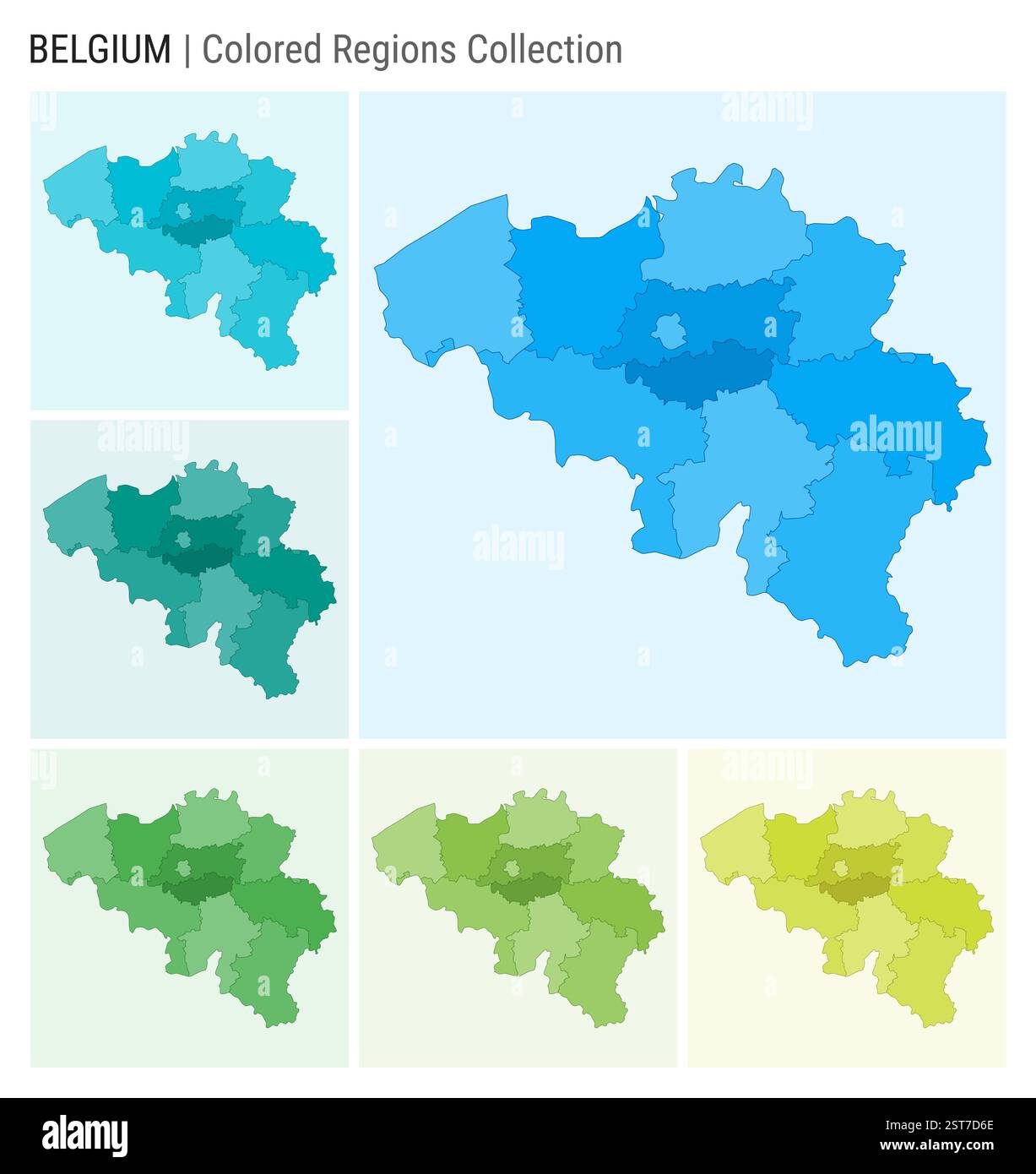 Collezione di mappe del Belgio. Forma del paese con regioni colorate. Azzurro, ciano, verde, verde chiaro, tavolozze di colori lime. Illustrazione Vettoriale