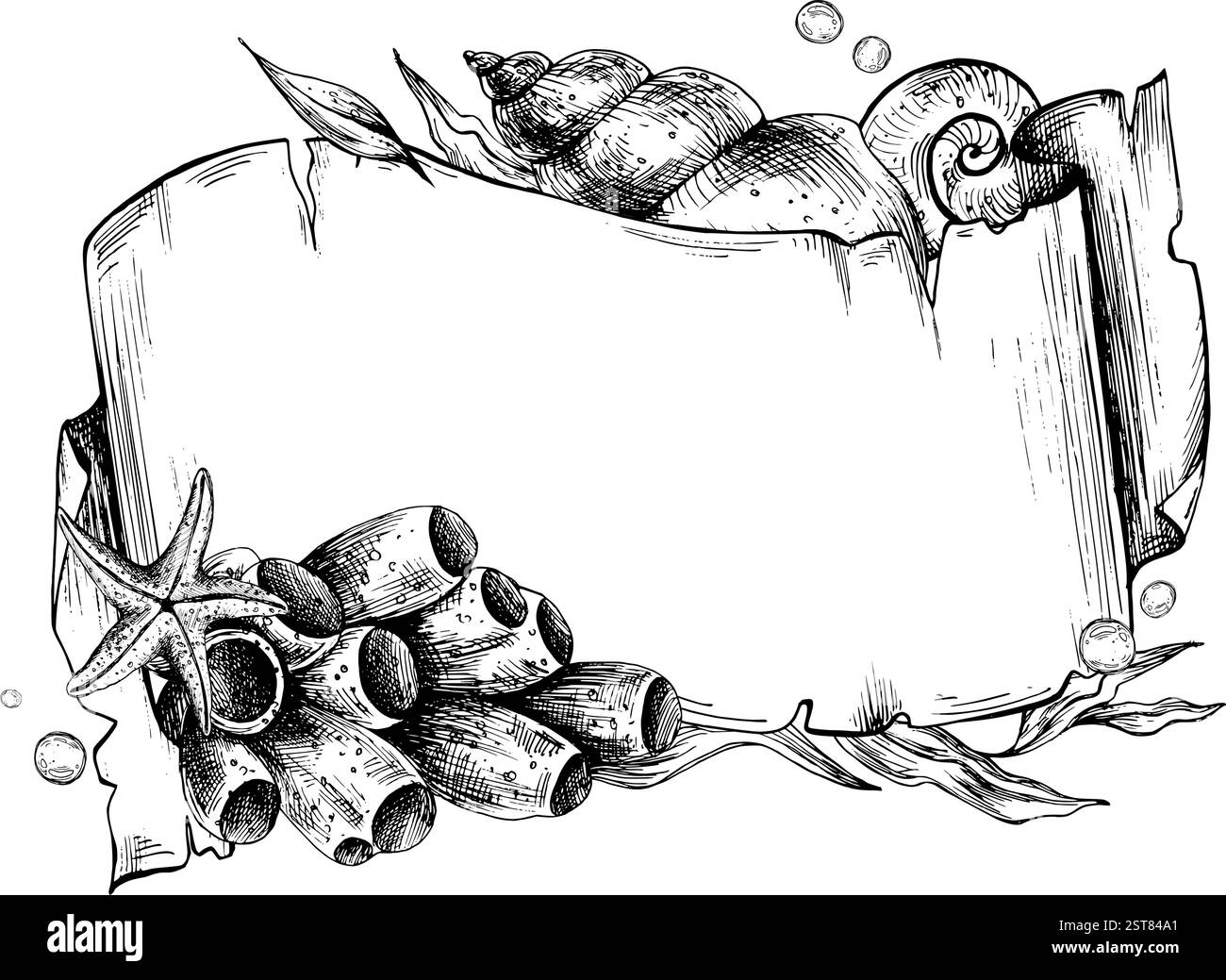 Rotolo per striscioni in carta, a tema marino con animali subacquei, conchiglie, alghe marine, coralli, stelle marine e bolle. Illustrazione grafica disegnata a mano in nero Illustrazione Vettoriale