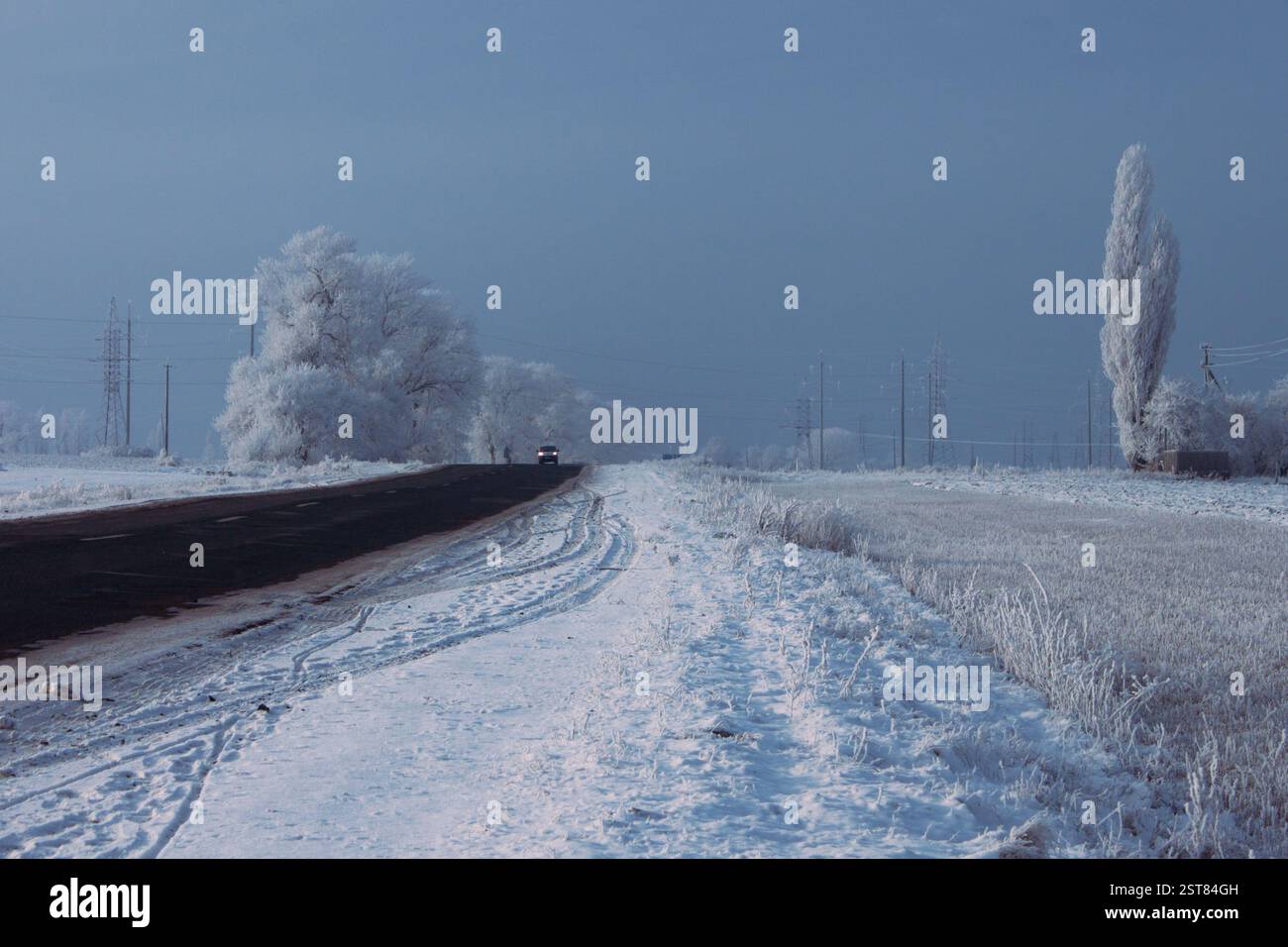 L'inverno ha coperto tutto con il gelo, tranne l'asfalto nero sulla strada. All'orizzonte c'è un'auto Foto Stock
