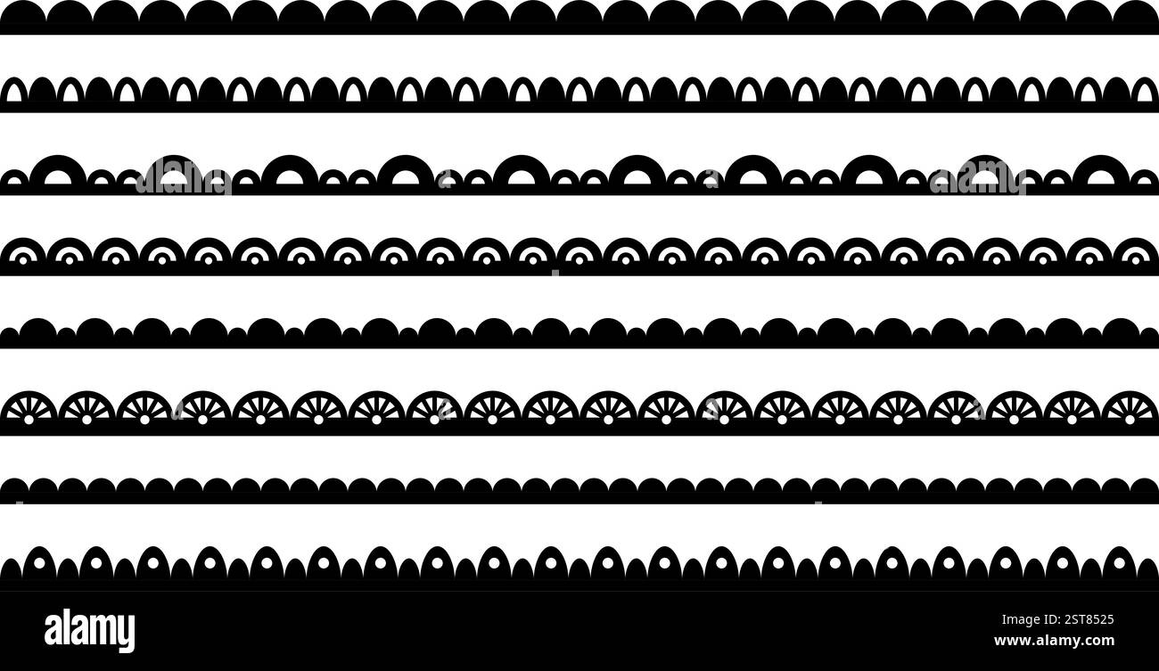 Bordo di tessuto capesante. Bordo in tessuto di pizzo per il design della struttura. Set di ornamenti grafici a linee vettoriali isolati su sfondo bianco. Illustrazione Vettoriale