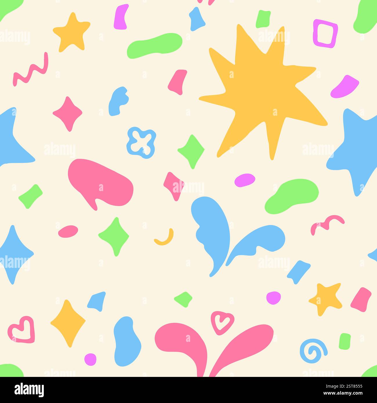 Colorato motivo astratto senza cuciture con varie forme e simboli giocosi Illustrazione Vettoriale