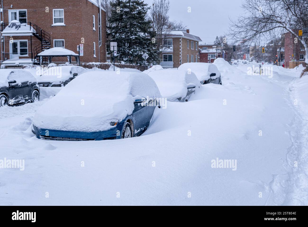 Montreal, Canada - 17 febbraio 2025: Auto coperte di neve dopo una grande tempesta invernale Foto Stock
