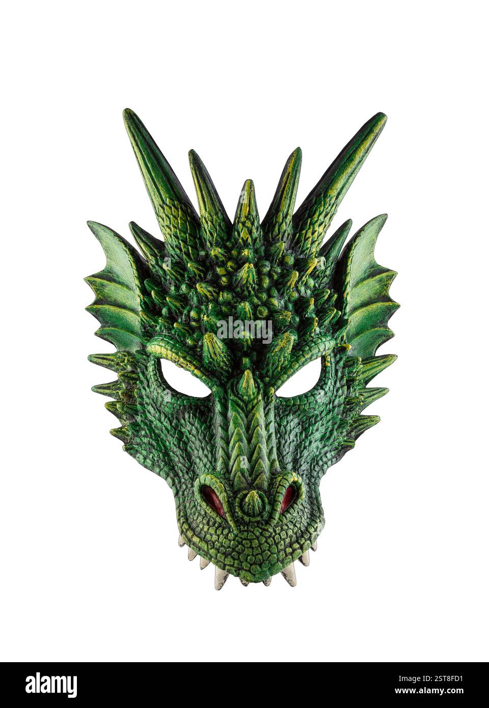 Maschera del drago verde isolata su sfondo bianco con percorso di ritaglio Foto Stock