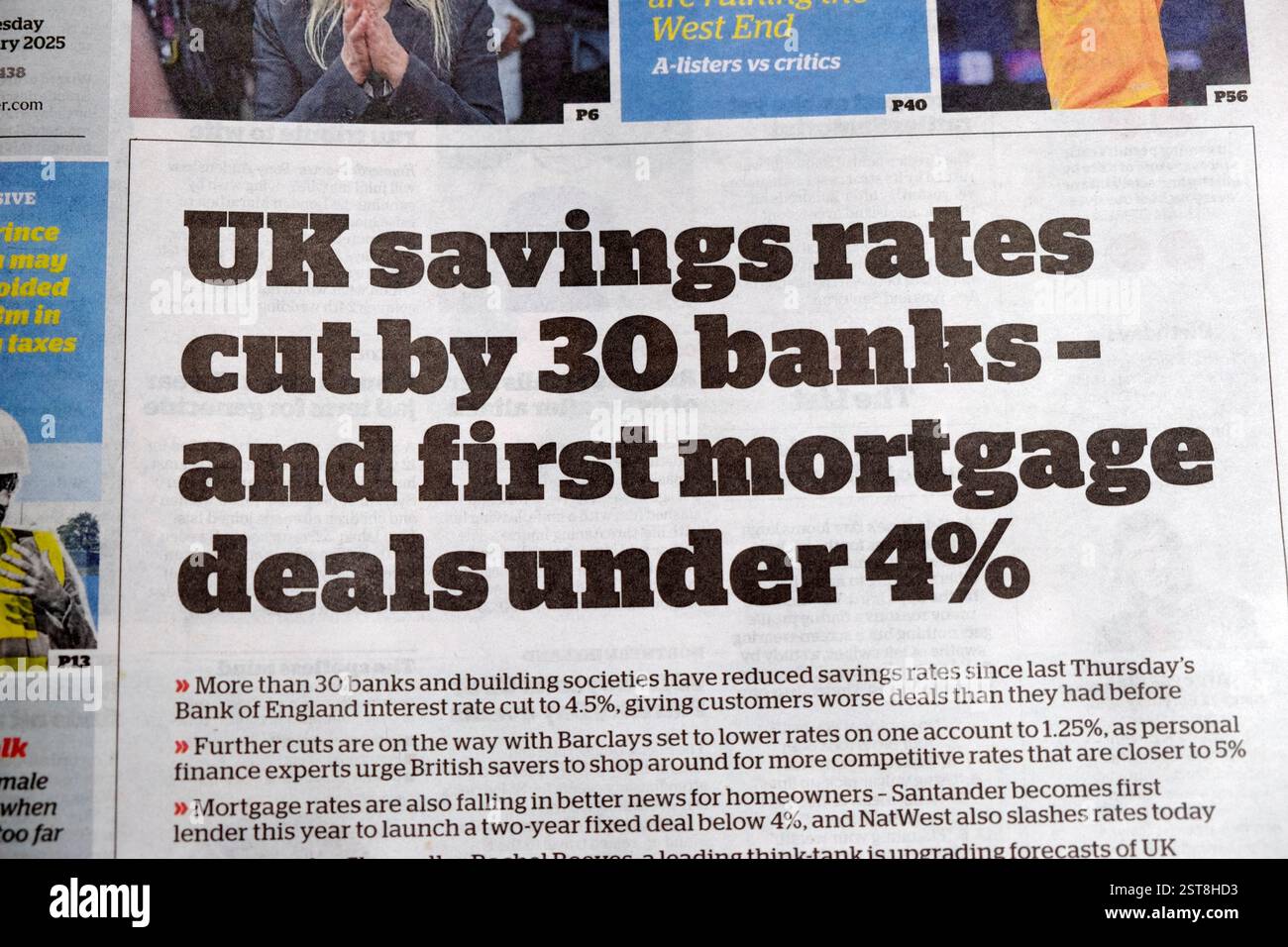 "Tassi di risparmio nel Regno Unito tagliati da 30 banche - e prime offerte ipotecarie inferiori al 4%" ipaper i titolo del giornale in prima pagina 12 febbraio 2025 Londra Regno Unito Foto Stock