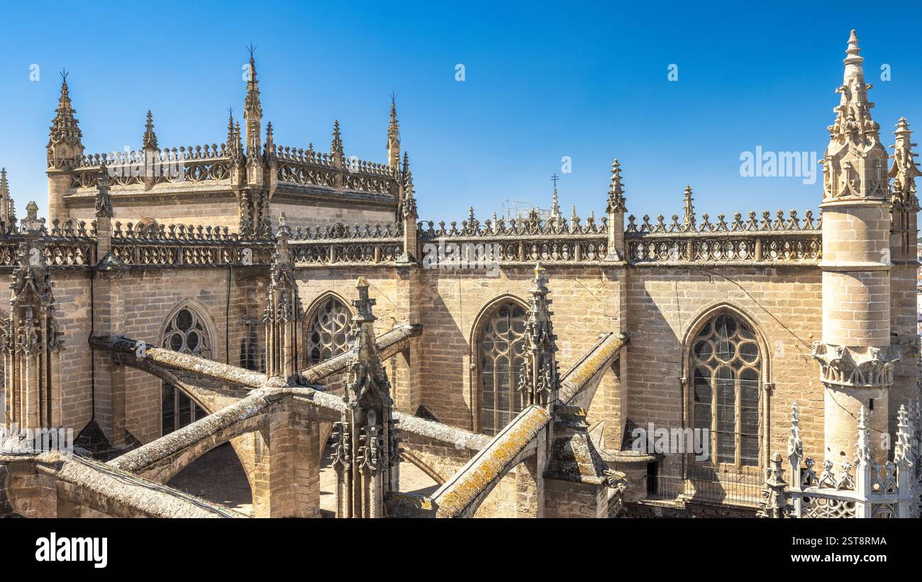 Cattedrale di Siviglia, cattedrale di Santa Maria della sede nella città di Siviglia, Andalusia, Spagna, Europa. Intricati tetti di una cattedrale storica sotto Foto Stock