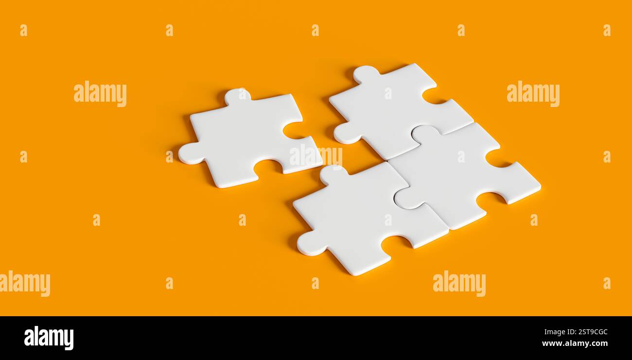 Quattro puzzle bianchi su sfondo arancione. rendering 3d. Foto Stock