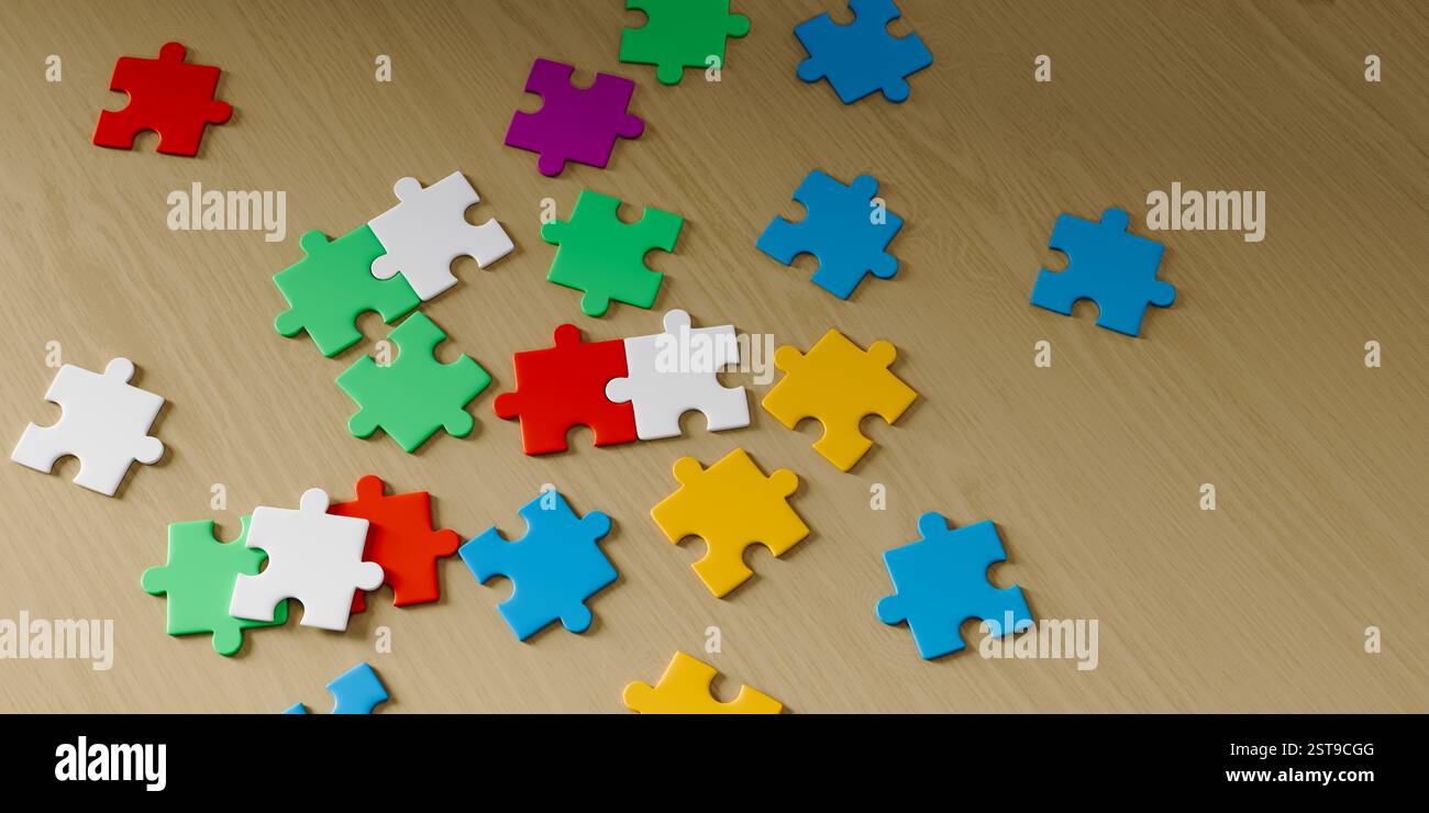 Una varietà di puzzle colorati sono posizionati sulla scrivania.rendering 3d. Foto Stock