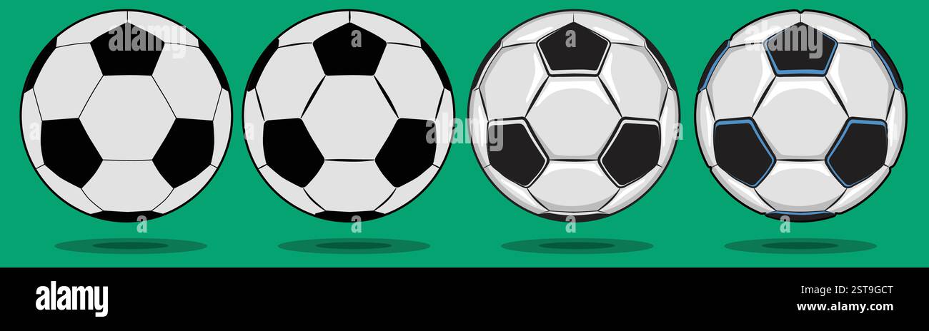 Quattro palloni da calcio vettoriali piatti (palloni da calcio europei) che spaziano da un contorno di base a versioni con luci e ombre. Illustrazione Vettoriale