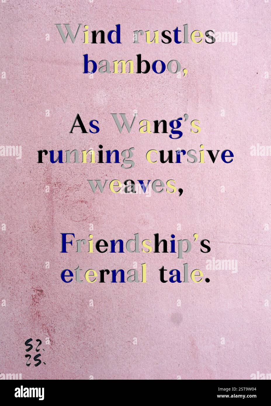Il vento si sfrega in bambù, mentre Wang's Running Cursive Weaves, la storia eterna dell'amicizia. La Gilda degli scrittori d'argento di Nino Beridze. Arte di Zsuzsa Szikra. Poetry Art Print, Triplumes è una forma poetica unica ispirata al tradizionale haiku, composta da tre righe che catturano momenti di chiarezza, emozione e approfondimento. Nella nostra collezione abbracciamo la libertà del linguaggio, dove la fusione delle parole e la rimozione dei trattini è più di una scelta stilistica: È un modo per trasmettere unità e vicinanza tra le idee, creando un'espressione fluida e compatta che risuona con i ritmi della vita moderna. Foto Stock
