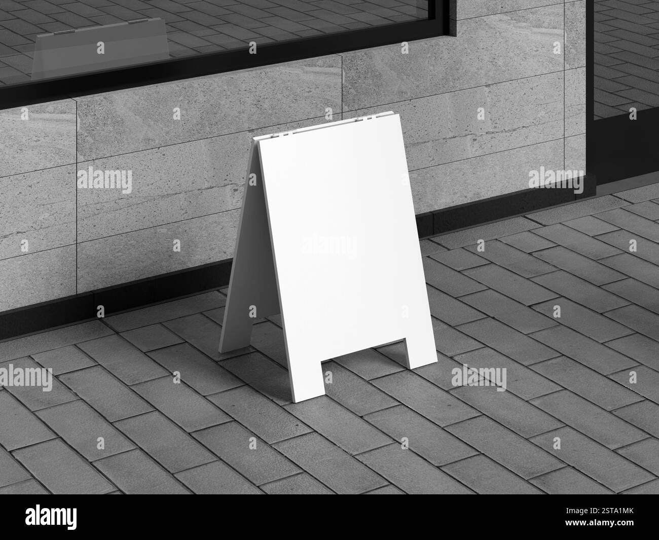 Rendering 3D White Blank Sign Mockup con sfondo realistico per esterni. Segno a-frame e Sandwich Sign. Foto Stock Rendering 3D White Blank Sign Mockup con sfondo realistico per esterni. Segno a-frame e Sandwich Sign. Foto Stock