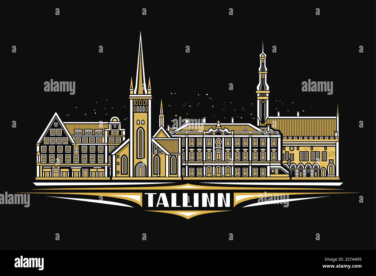 Illustrazione vettoriale di Tallinn, carta orizzontale scura con design lineare tallinn, paesaggio urbano su sfondo notturno stellato, linea urbana storica A. Illustrazione Vettoriale