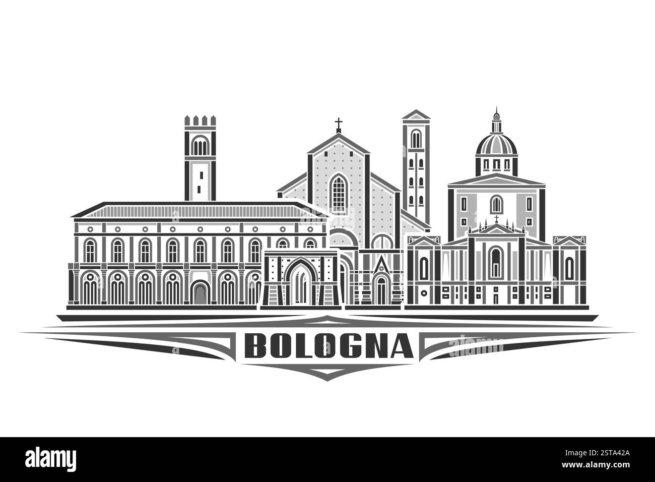 Illustrazione vettoriale di Bologna, scheda orizzontale monocromatica con design lineare paesaggio urbano di bologna, concetto di arte in linea urbana storica con le decorazioni Illustrazione Vettoriale