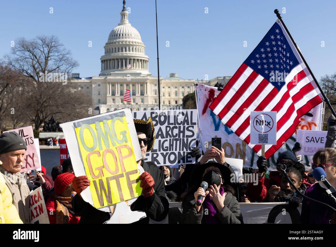 I manifestanti si riuniscono durante la manifestazione contro l'amministrazione Donald Trump durante le proteste del "Not My President's Day" al Capitol Reflecting Pool il 17 febbraio 2025 a Washington, DC, USA. Protestano anche contro il Project 2025 e il CEO di Tesla e SpaceX Elon Musk. Le proteste si tengono in città in tutta la nazione il giorno dei presidenti. Foto Stock