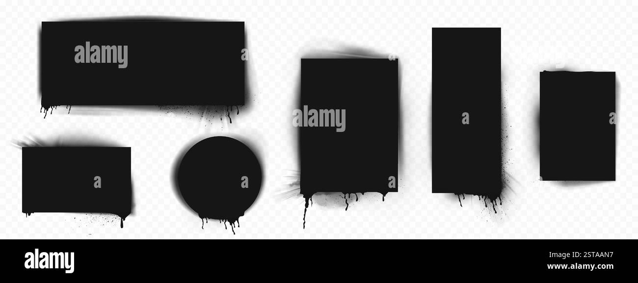 Spruzzare i telai degli stencil con vernice nera gocciolante su sfondo trasparente. Forme geometriche con spruzzi d'inchiostro, gocce di grunge e bordi sfumati. Elementi di Street art realistici per il design urbano dei graffiti. Illustrazione Vettoriale