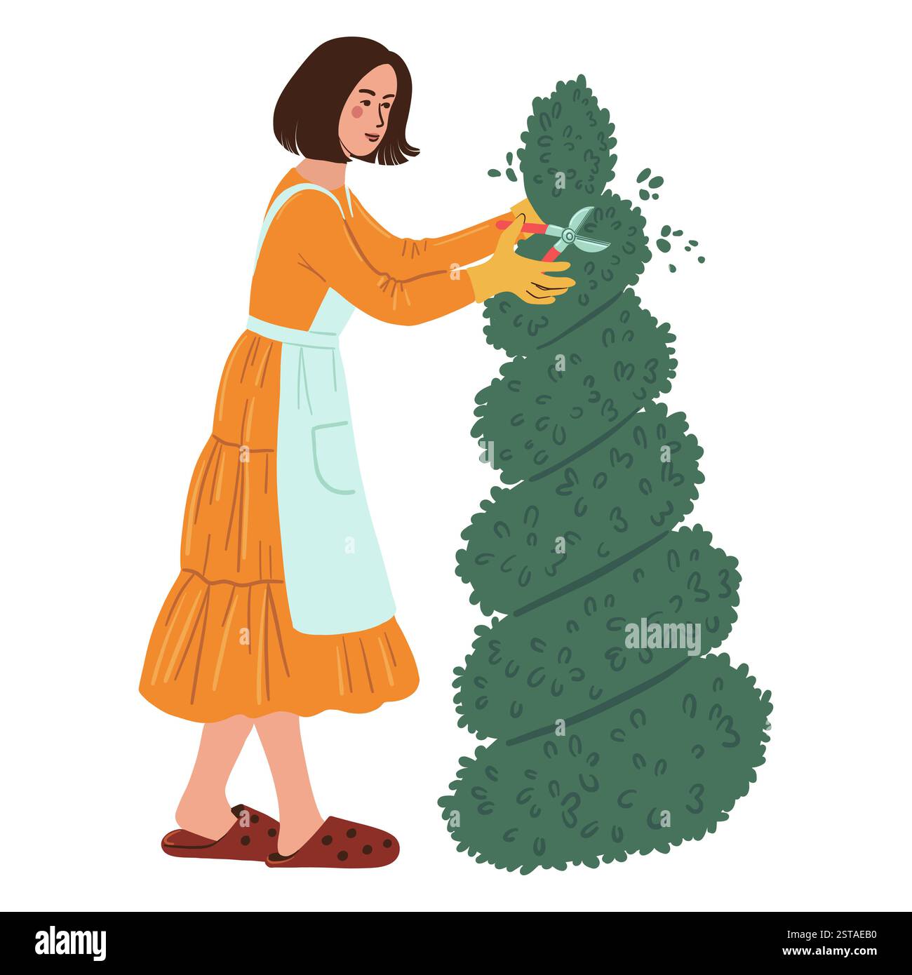 La donna sta tagliando un thuja, un'arte topiaria. Illustrazione vettoriale Illustrazione Vettoriale