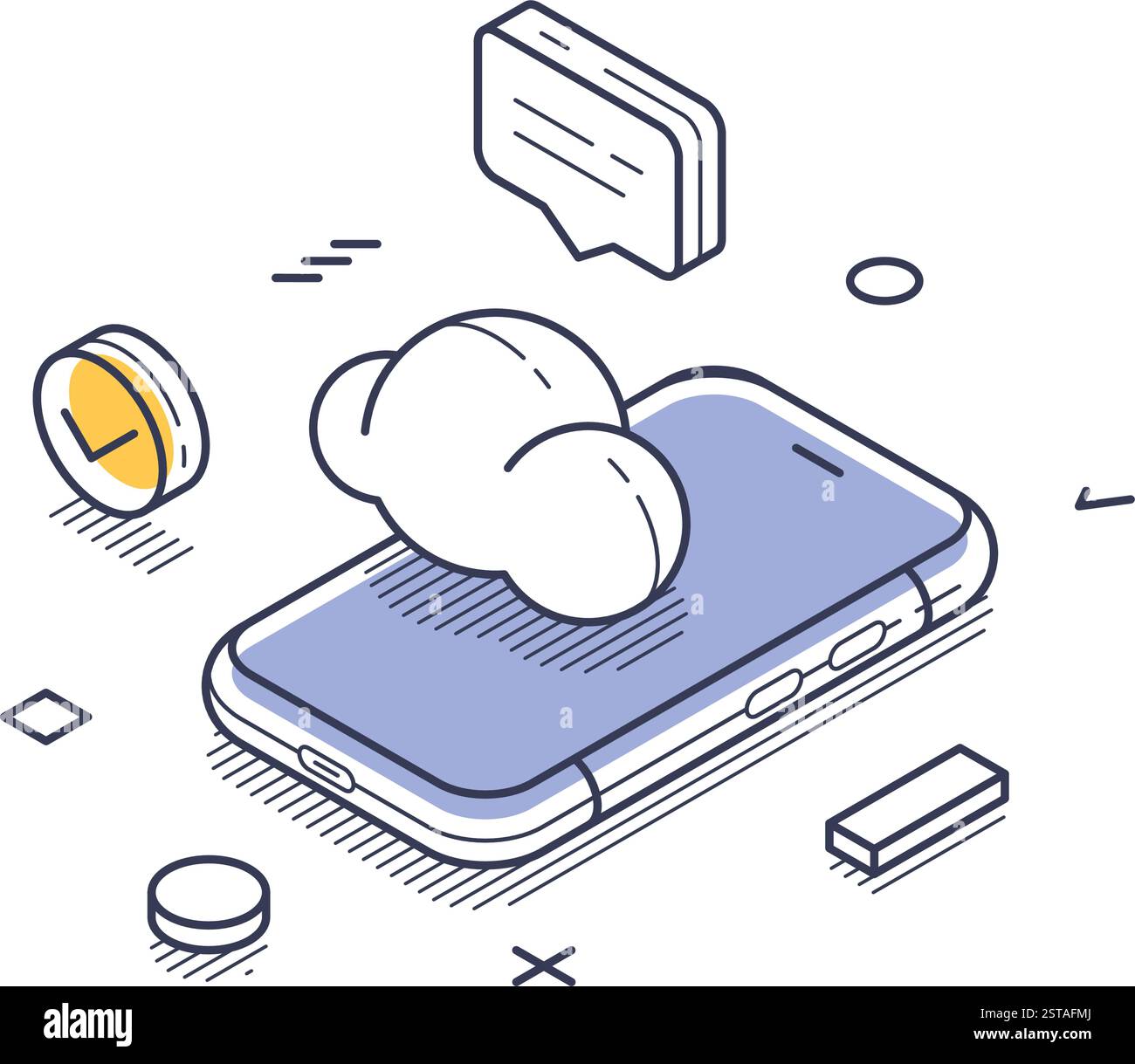 L'illustrazione isometrica della line art mostra un'icona relativa alla sicurezza Internet, con elementi come l'archiviazione cloud su un dispositivo mobile. Ill vettoriale Illustrazione Vettoriale