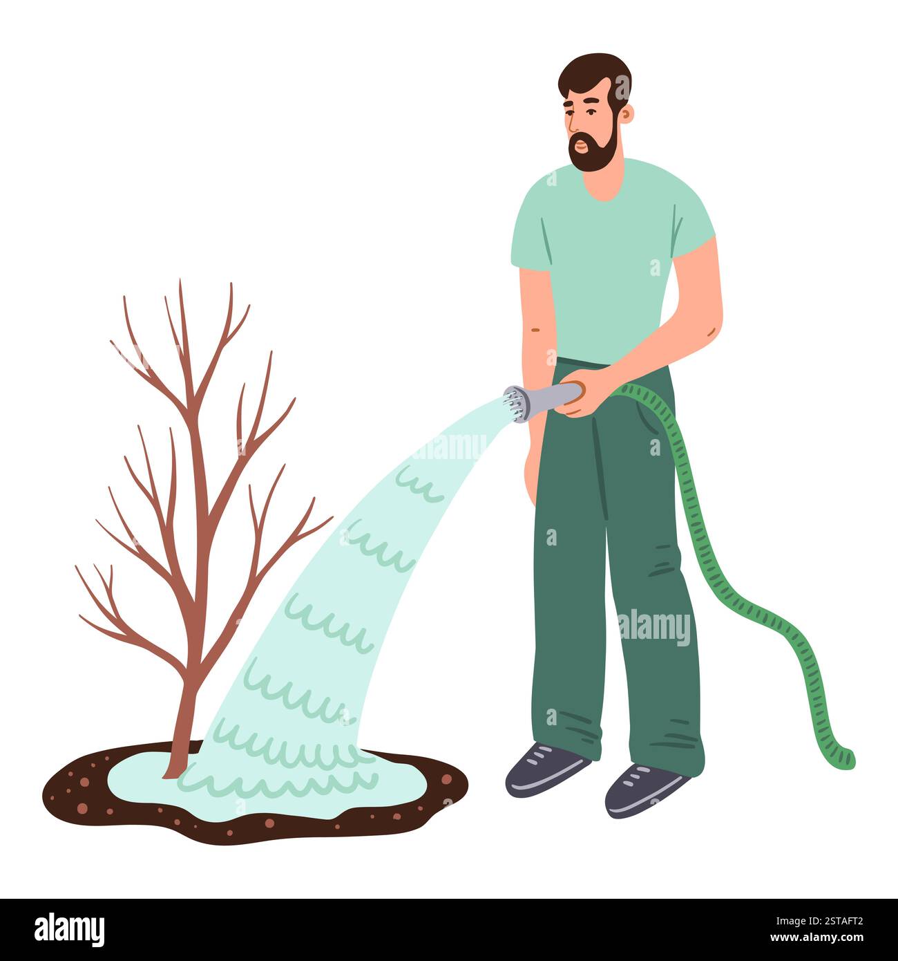 Uomo che innaffia un giovane albero piantagione con un tubo flessibile, illustrazione vettoriale in stile piatto Illustrazione Vettoriale
