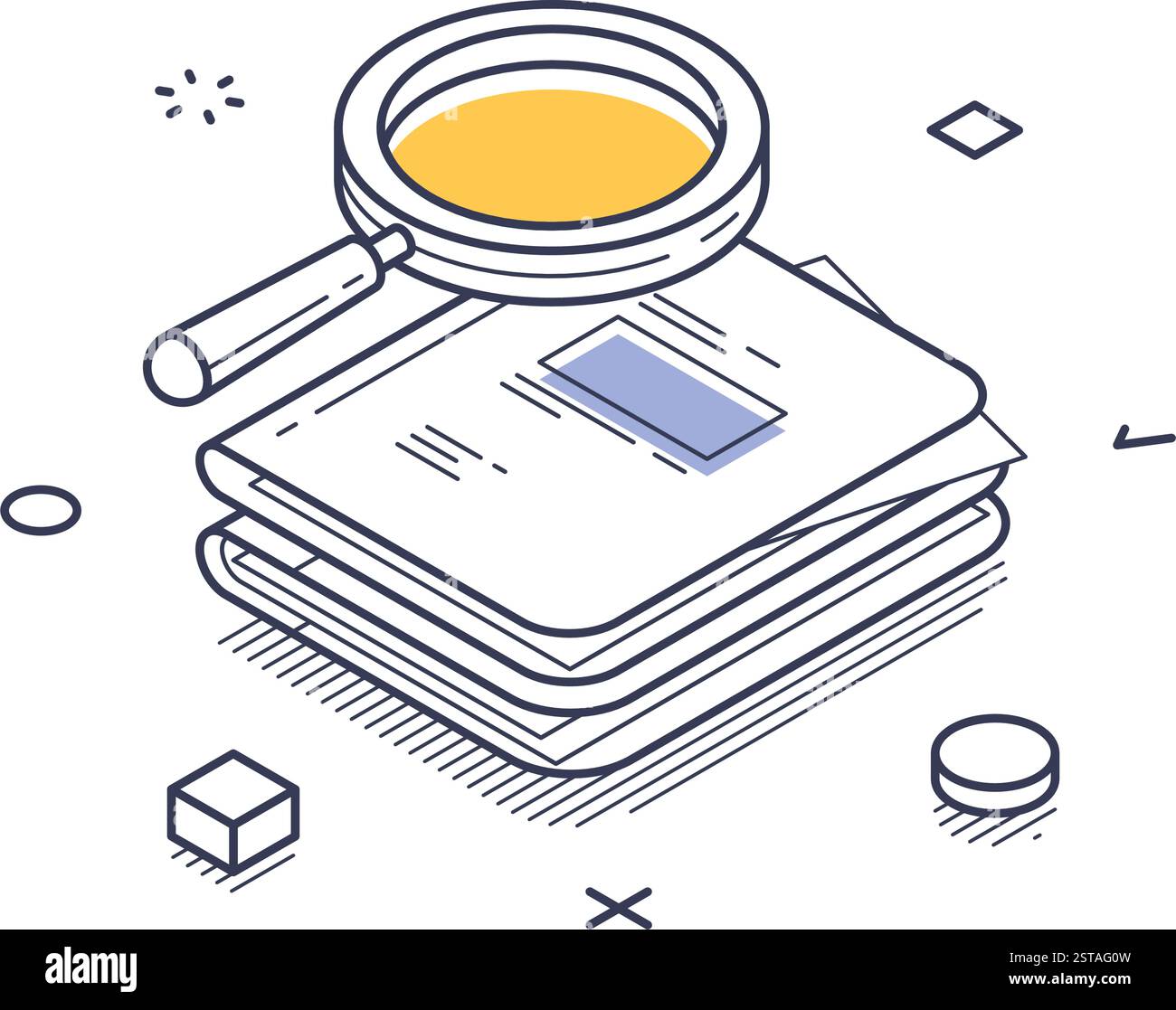 Icona line art isometrica che rappresenta l'analisi dei dati. Una lente di ingrandimento si sposta su una pila di carte, simboleggiando l'esame e la valutazione di Inform Illustrazione Vettoriale
