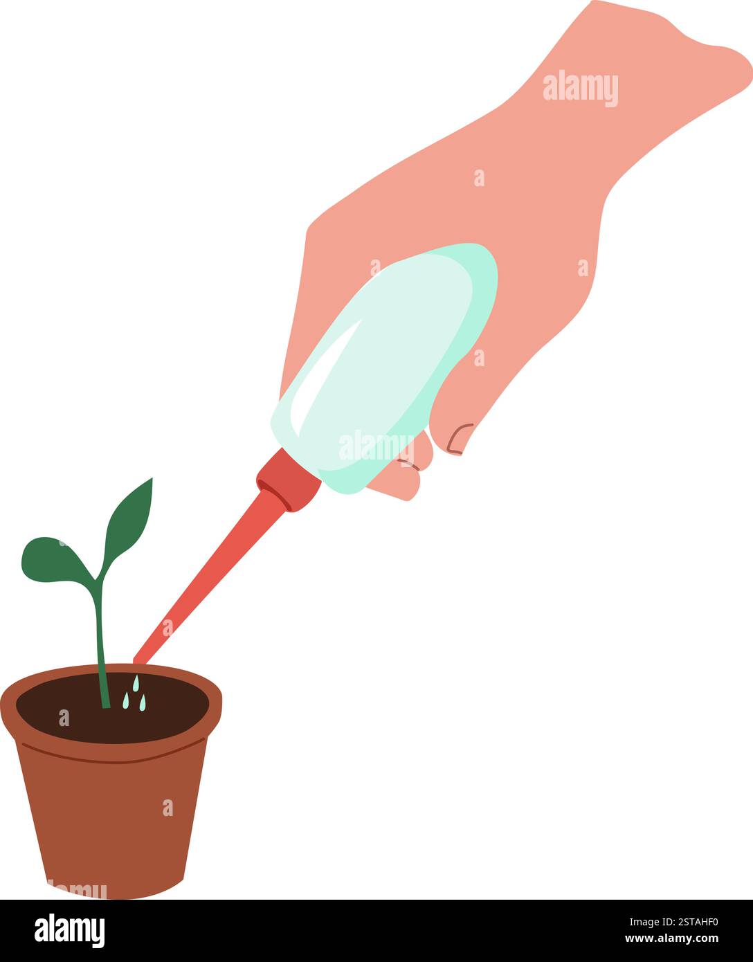 Irrigazione a goccia di piante giovani, illustrazione vettoriale isolata in stile piatto Illustrazione Vettoriale