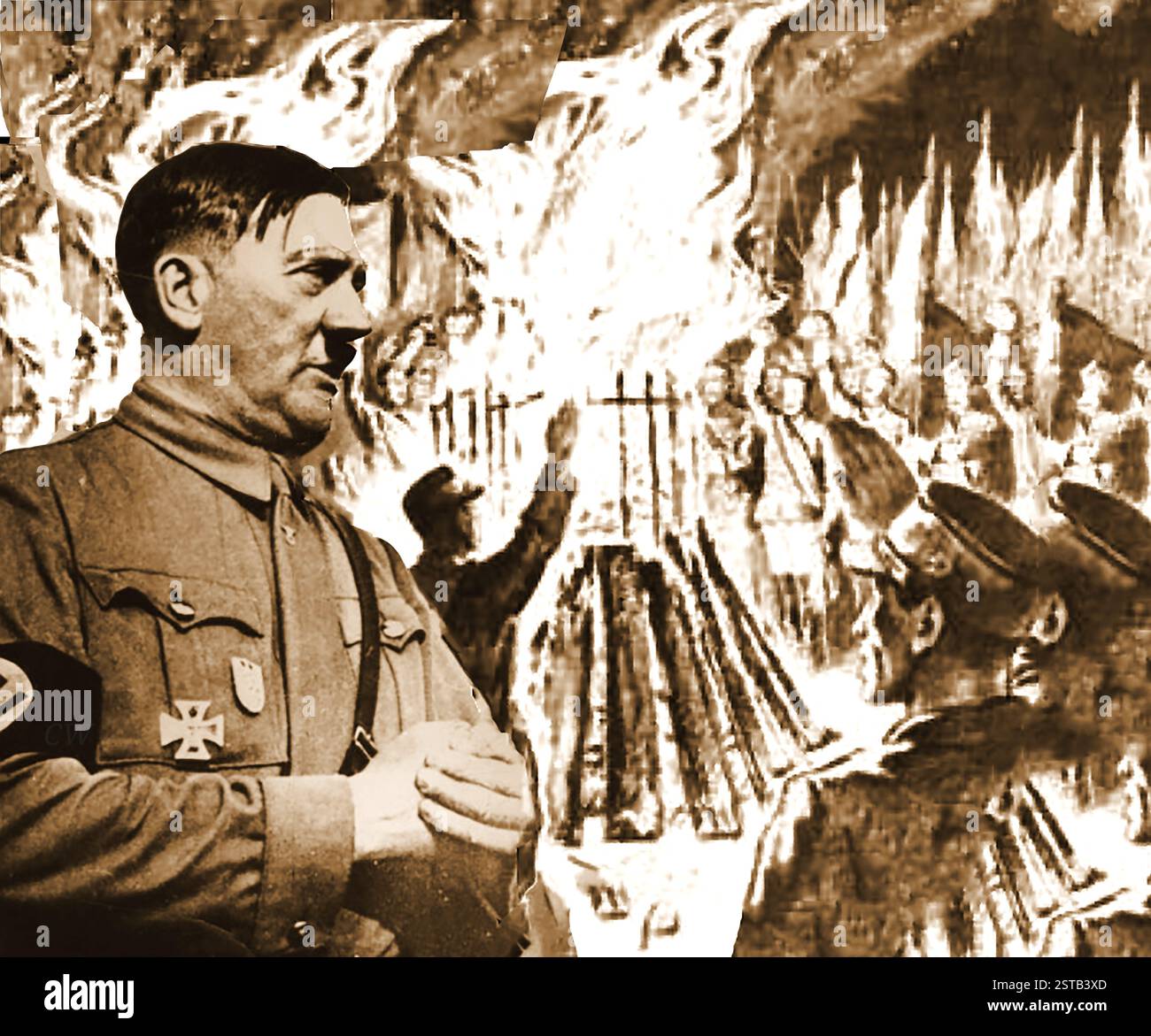 Un ritratto di Adolph Hitler sullo sfondo di una cerimonia di bruciatura dei libri nazisti iniziata il 10 maggio 1933 --- Ein Porträt von Adolf Hitler vor dem Hintergrund einer Bücherverbrennung der Nazis, Die AM 10. Mai 1933 begann --- Foto Stock
