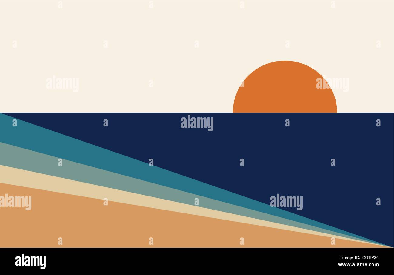 Sun Beach Abstract Wall Art sfondo geometrico. Decorazioni artistiche minimali Illustrazione Vettoriale