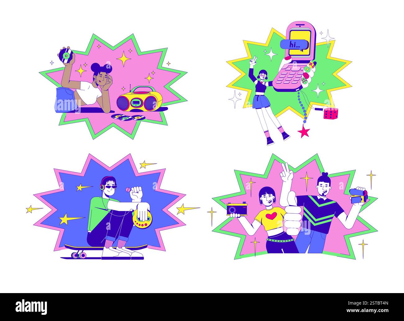 Set di concetti di illustrazione 2D per la cultura del pop retrò degli anni '2000 e le tendenze y2k Illustrazione Vettoriale