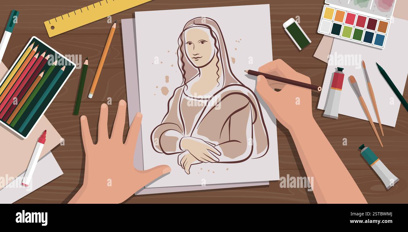 Artista creativo tradizionale che disegna la Monna Lisa e studia dipinti famosi Illustrazione Vettoriale