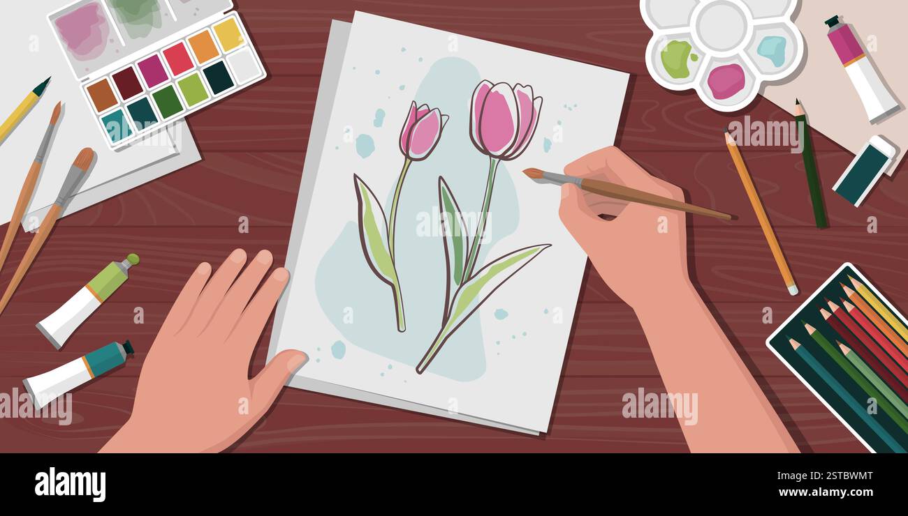 Artista tradizionale creativo seduto alla sua scrivania e dipingendo fiori con acquerelli, vista dall'alto Illustrazione Vettoriale