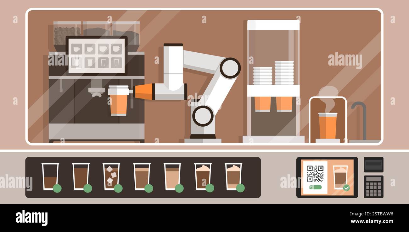 Barista robot autonomo che serve caffè da asporto, robot e concetto di vendita al dettaglio Illustrazione Vettoriale Barista robot autonomo che serve caffè da asporto, robot e concetto di vendita al dettaglio Illustrazione Vettoriale