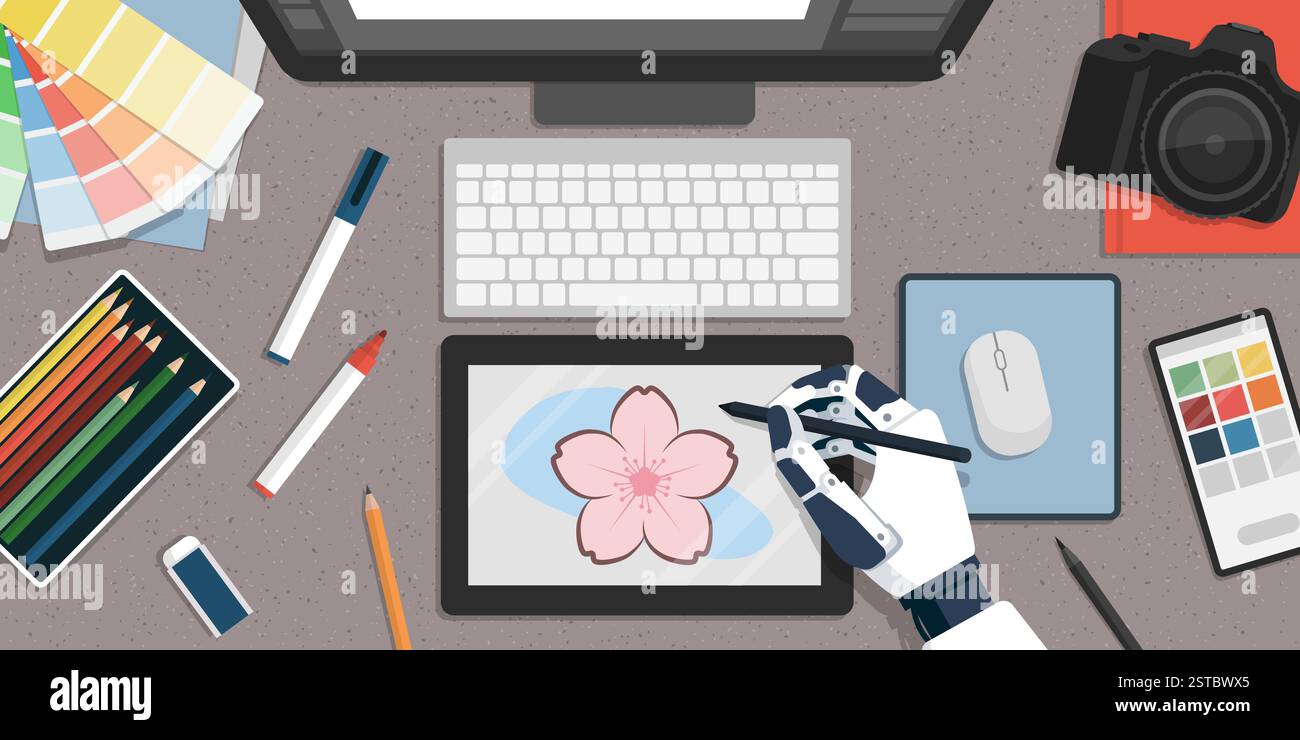 Robot AI seduto alla scrivania e che lavora con un tablet grafico, vista dall'alto: Concetto di intelligenza artificiale generativa Illustrazione Vettoriale