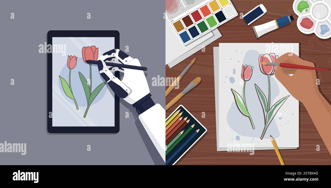 Arte generata dall'intelligenza artificiale digitale e arte creativa tradizionale: Robot che disegnano un'immagine digitale e artista che dipinge con acquerelli Illustrazione Vettoriale