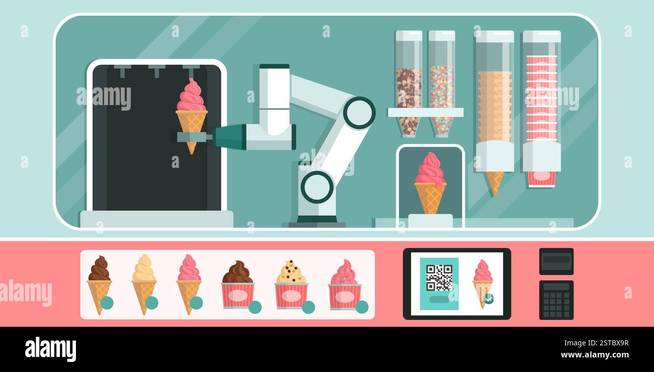 Robot IA autonomo che serve deliziosi gelati, robot per l'assistenza e il concetto di vendita al dettaglio Illustrazione Vettoriale Robot IA autonomo che serve deliziosi gelati, robot per l'assistenza e il concetto di vendita al dettaglio Illustrazione Vettoriale