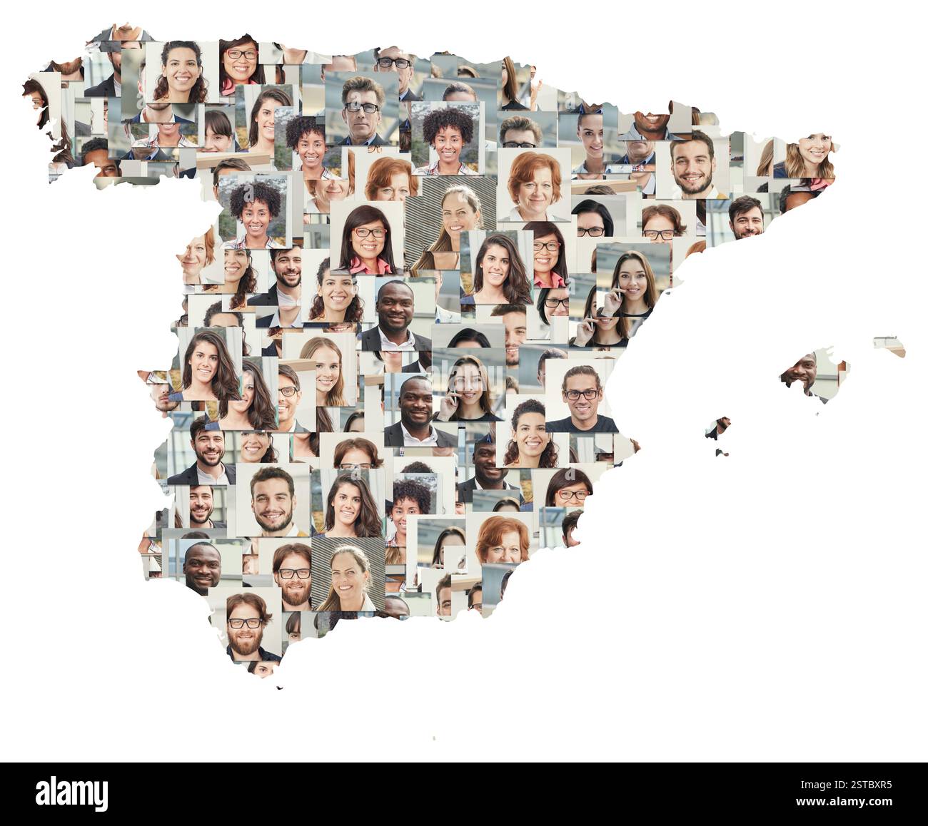 Mappa della Spagna con ritratti di dipendenti aziendali multiculturali come concetto Foto Stock