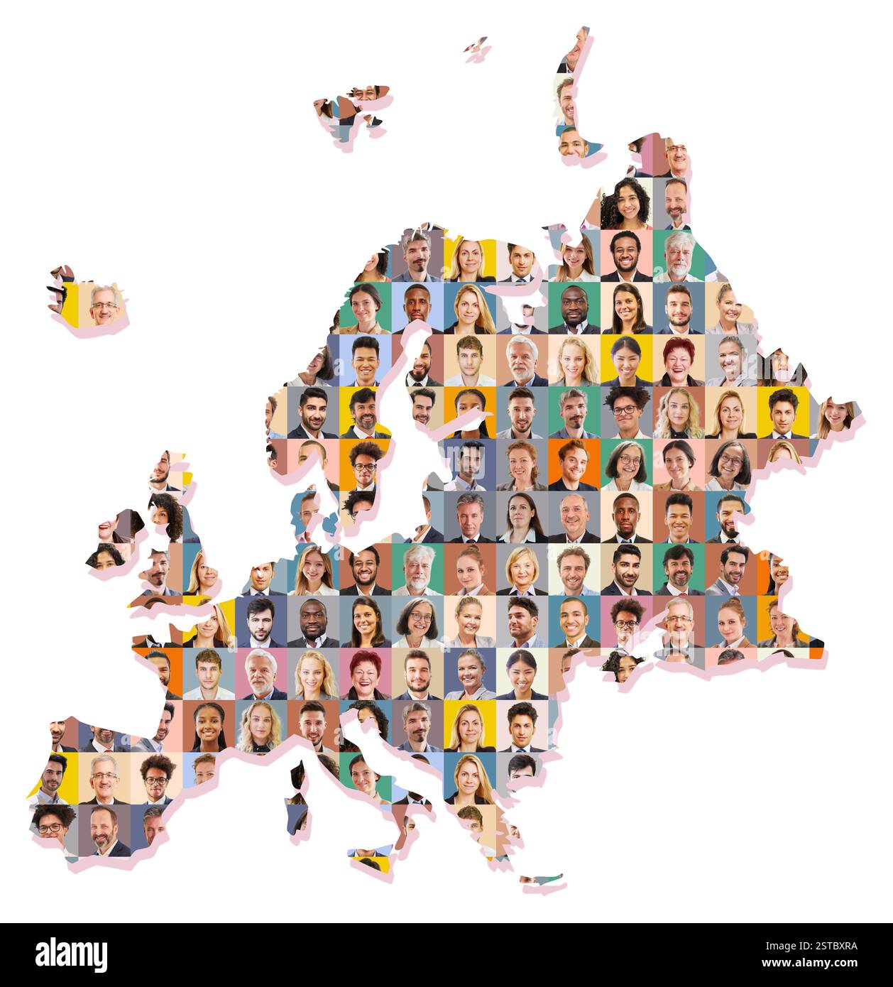 Ritratti di molti uomini d'affari su una mappa dell'Europa come concetto di business Foto Stock