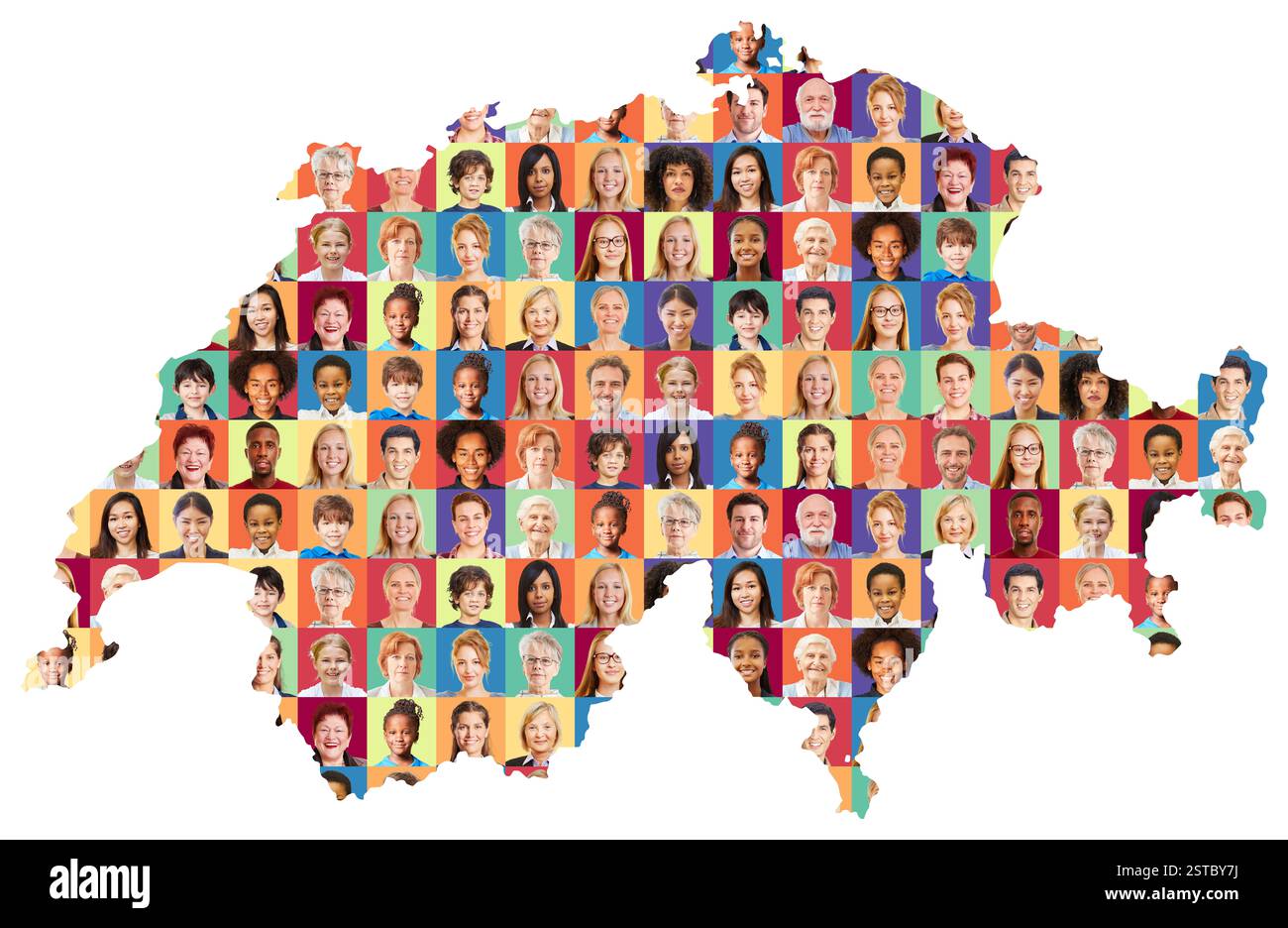 Bambini e adulti di molte generazioni su una mappa della Svizzera come concetto di società Foto Stock