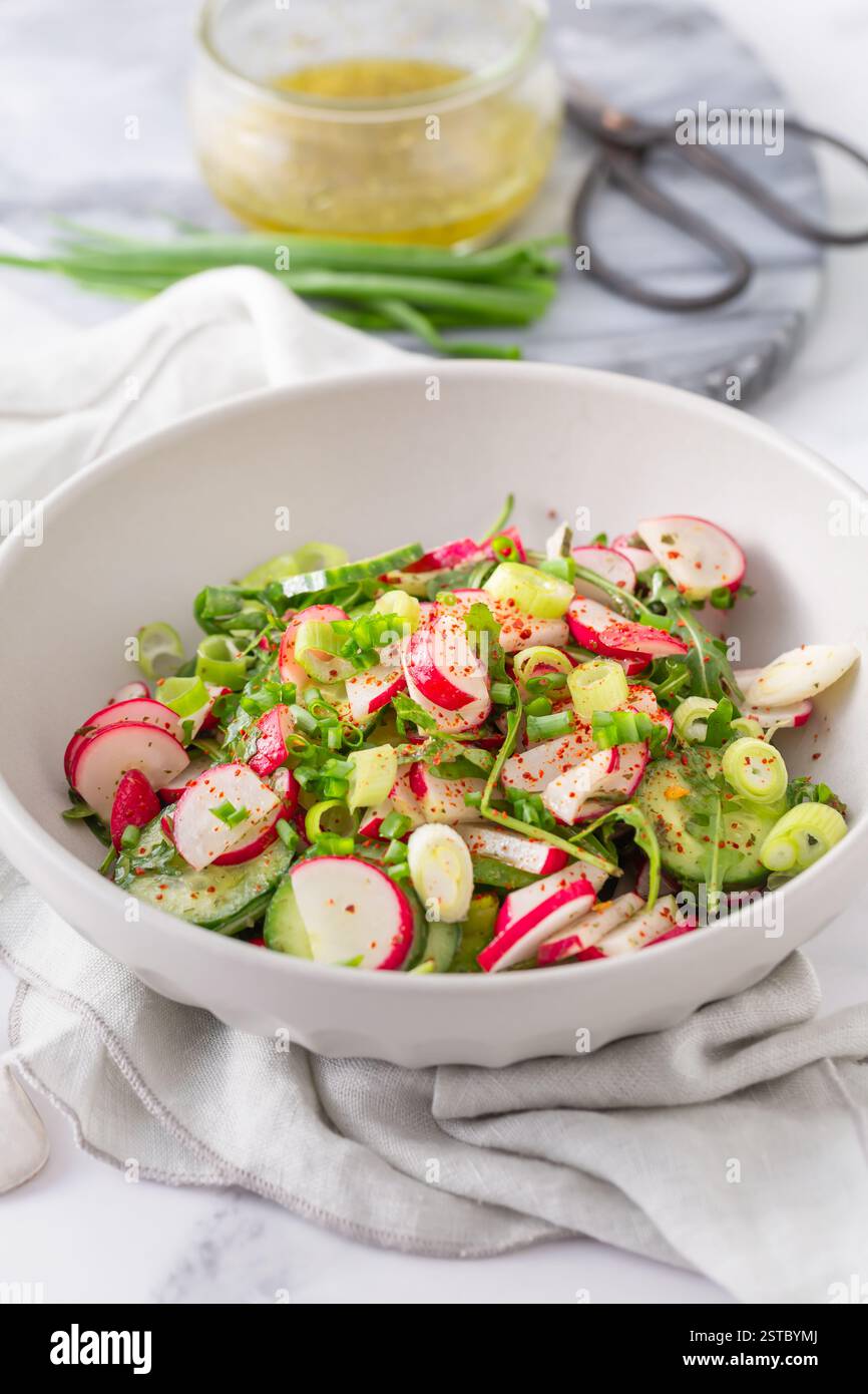 Insalata di cetrioli fresca con ravanello, condimento ed erbe aromatiche. Foto Stock