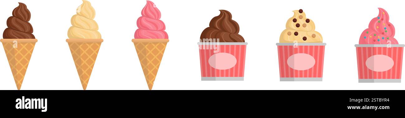 Set di deliziosi gelati in coni e tazze, diversi gusti, isolati Illustrazione Vettoriale