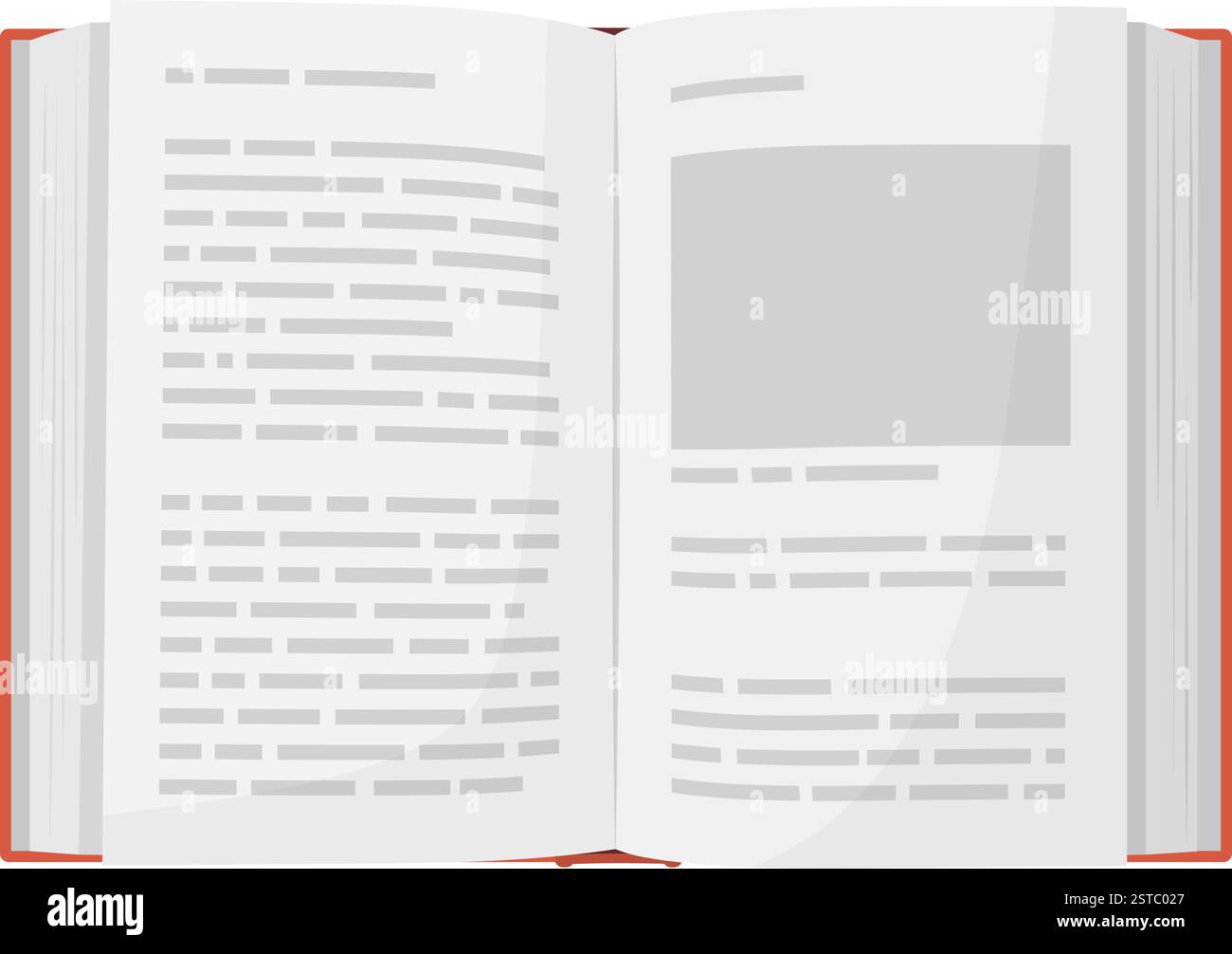 Libro aperto che mostra pagine e testo, vista dall'alto isolata, concetto di apprendimento e istruzione Illustrazione Vettoriale