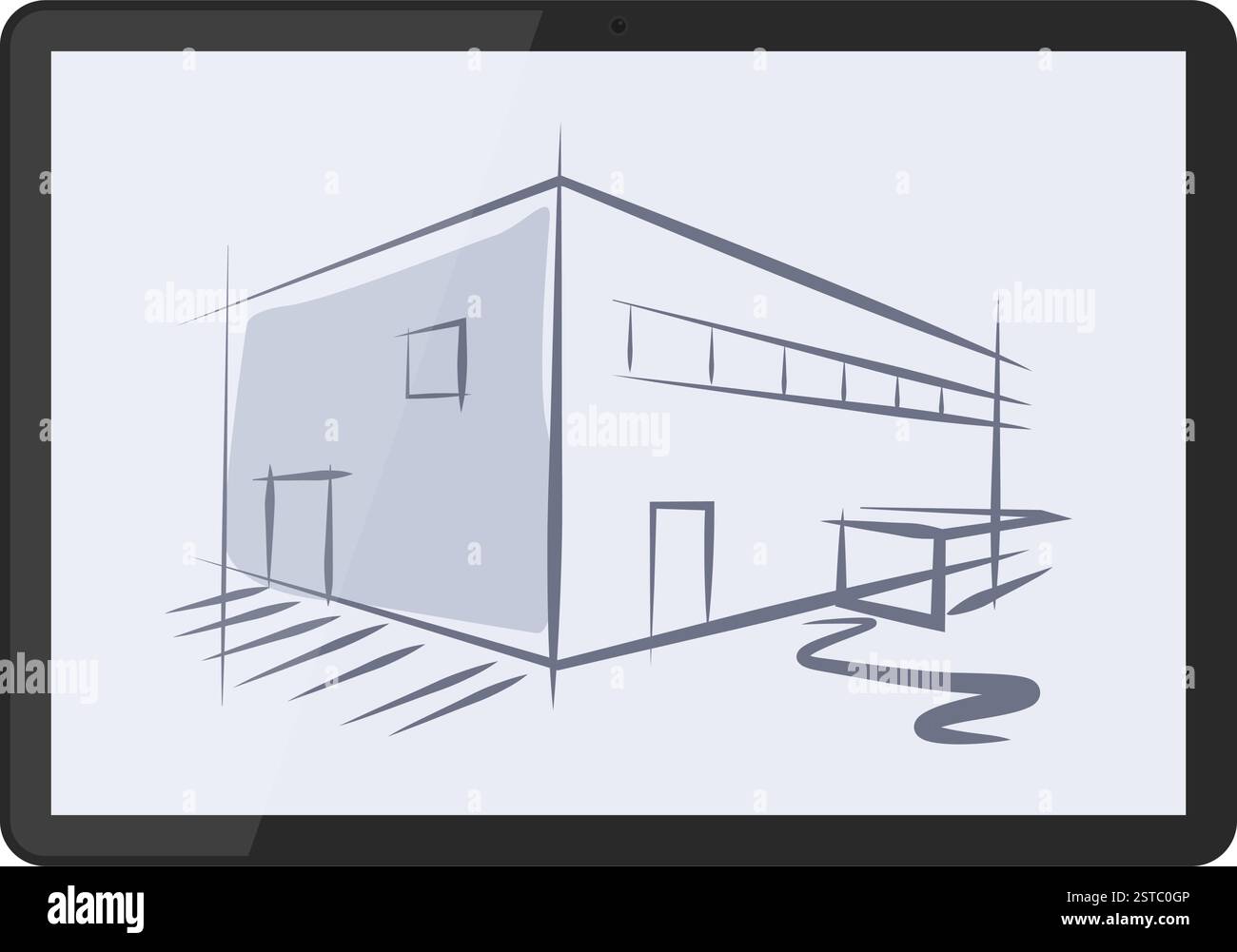 Edificio moderno, disegno architettonico su tablet digitale, edificio e concetto di costruzione Illustrazione Vettoriale